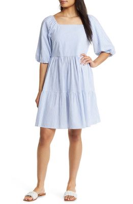 beachlunchlounge Stripe Open Back Bow Cotton Blend Dress in Mid Blue Sail