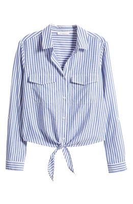 beachlunchlounge Stripe Tie Front Cotton & Modal Button-Up Shirt in Blue Wale