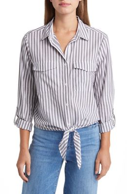 beachlunchlounge Stripe Tie Front Cotton & Modal Button-Up Shirt in Silver Lining