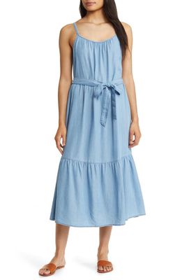 beachlunchlounge Tie Strap Tiered Chambray Midi Dress in Med Wash Denim
