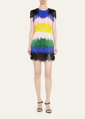 Bead-Embellished Colorblock Fringe Mini Dress