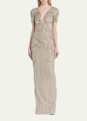 Bead-Embellished Tulle Column Gown