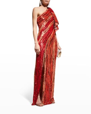 Bead Embroidered One-Shoulder Gown