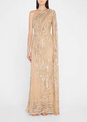 Bead-Embroidered One-Shoulder Shawl Gown