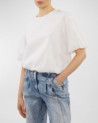 Bead-Trim Blouson-Sleeve Cotton Shirt