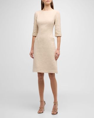 Beaded 3/4-Sleeve Boucle Tweed Midi Dress