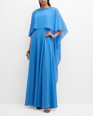 Beaded A-Line Chiffon Cape Gown