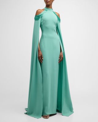 Beaded Cold-Shoulder Cape-Sleeve Caftan Gown