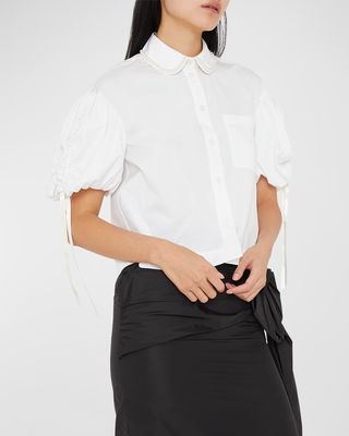 Beaded-Collar Ruched Puff-Sleeve Crop Shirt