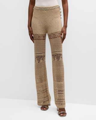 Beaded Crochet-Knit Straight-Leg Pants
