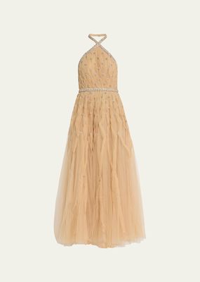 Beaded Crystal Halter-Neck Tulle Gown