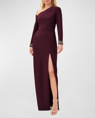 Beaded-Cuff Asymmetric Crepe Gown