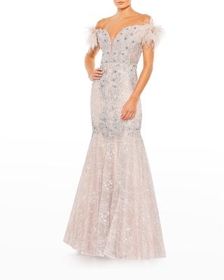 Beaded Feather-Embellished Lace Gown