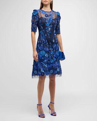 Beaded Floral-Embroidered A-Line Midi Dress