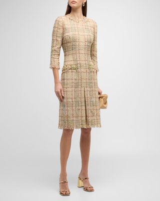 Beaded Fringe-Trim Plaid Tweed Midi Dress