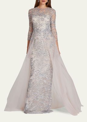 Beaded Illusion-Sleeve Tulle Gown