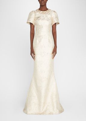 Beaded Jacquard Trumpet Gown