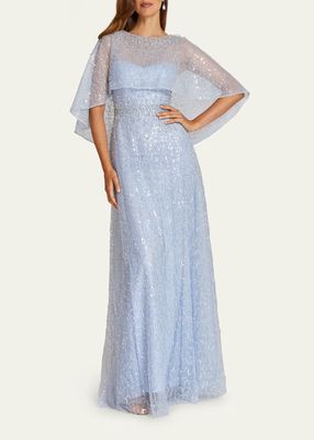 Beaded Mesh Capelet A-line Gown