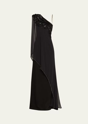 Beaded One-Shoulder Gown with Sheer Overlay