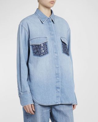 Beaded Pocket Long-Sleeve Collared Chambray Shirt