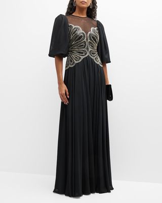Beaded Puff-Sleeve A-Line Gown