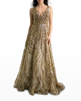 Beaded Sequin Swirl Gown