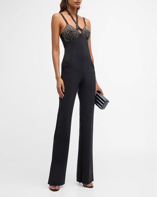 Beaded Strappy Flare-Leg Jumpsuit