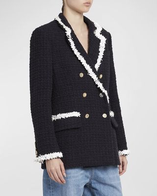 Beaded-Trim Double-Breasted Tweed Blazer Jacket