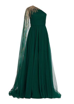 Beaded Tulle One-Shoulder Gown