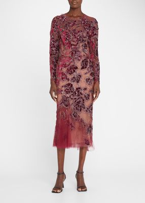 Beaded Velvet Floral Tulle Midi Dress
