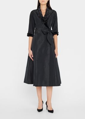 Beaded Velvet-Trim Shirtwaist Midi Dress