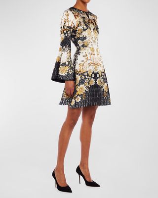 Beam Floral Animal-Print Flare-Sleeve Silk Mini Dress