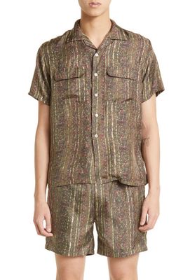 BEAMS Batik Stripe Short Sleeve Silk Button-Up Camp Camp Shirt in Olive