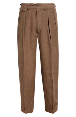 BEAMS Pleated Tapered Leg Linen Blend Pants in Brown