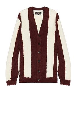 Beams Plus Stripe Cotton Shaggy Cardigan in Red