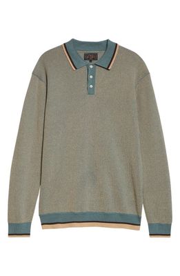 BEAMS Slab Knit Linen Blend Long Sleeve Polo in Sax