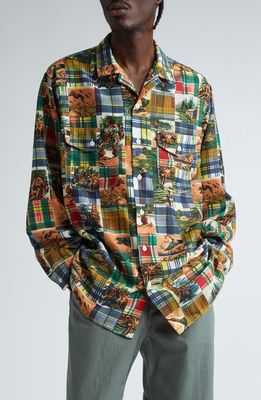 BEAMS Work Classic Patchwork Panel Jacquard Button-Up Shirt in P/W 90 