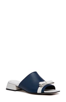 BEAUTIISOLES Eliza Slide Sandal in Navy Leather/Off White Bow