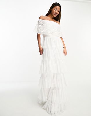 Beauut Bridal bardot tiered tulle maxi dress with embellished top in white