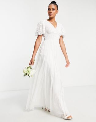 Beauut Bridal emellished bodice maxi dress with flutter sleeve and tulle skirt in white