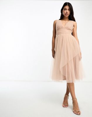 Beauut Bridal midi tulle dress in taupe brown