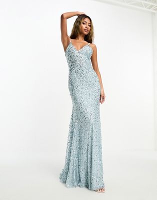 Beauut Bridesmaid allover embellished cami slip maxi dress with train in ice blue
