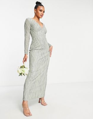 Beauut Bridesmaid allover embellished maxi dress in light sage-Green