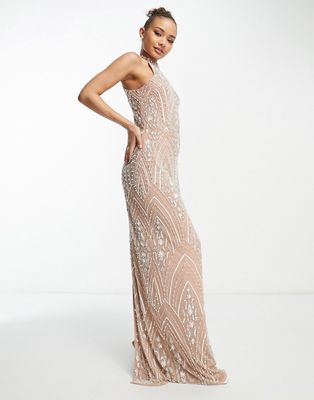 Beauut Bridesmaid allover embellished maxi dress in taupe-Neutral