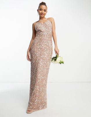 Beauut Bridesmaid allover embellished maxi dress with floral embroidery in taupe-Neutral