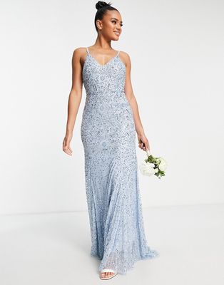 Beauut Bridesmaid allover embellished maxi dress with train in light blue