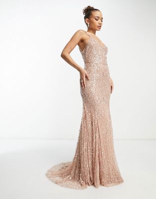 Beauut Bridesmaid allover embellished maxi dress with train in taupe-Neutral