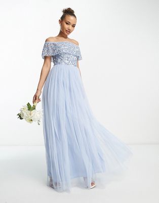 Beauut Bridesmaid bardot embellished maxi dress in light blue