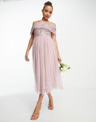 Beauut Bridesmaid bardot embellished midi dress in frosted pink
