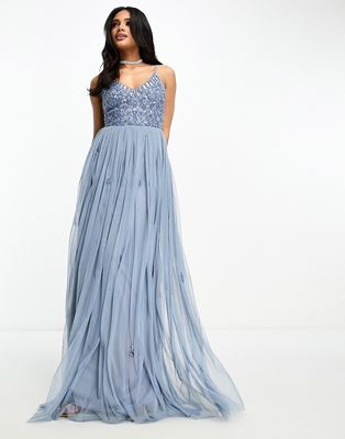 Beauut Bridesmaid cami 2-in-1 maxi dress with embellished top and tulle skirt in blue